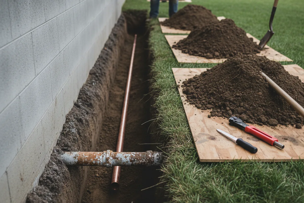 Excavated water line trench during Water Heater Repair in Kansas City